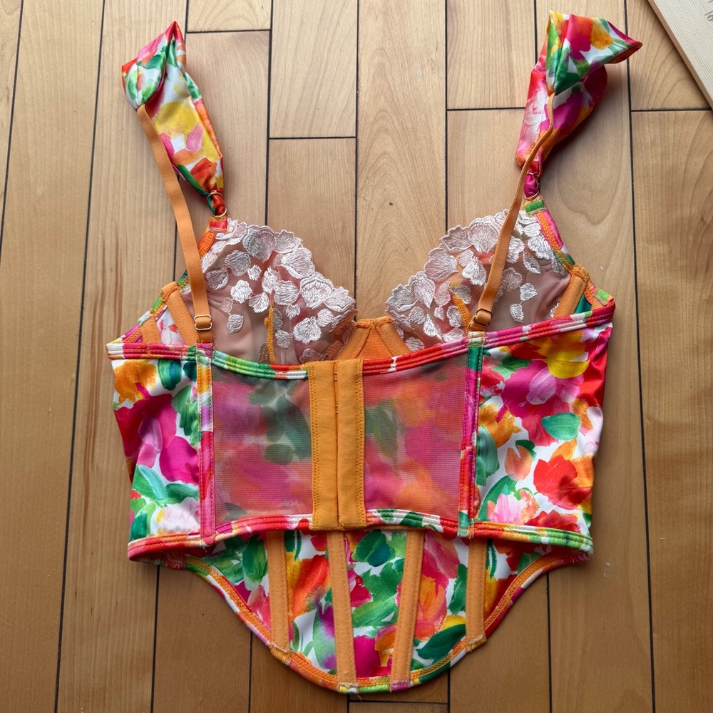 Bydee Havana Corset Top Orange Pink Watercolor Floral Print Embroidered Size XS - Picture 6 of 8